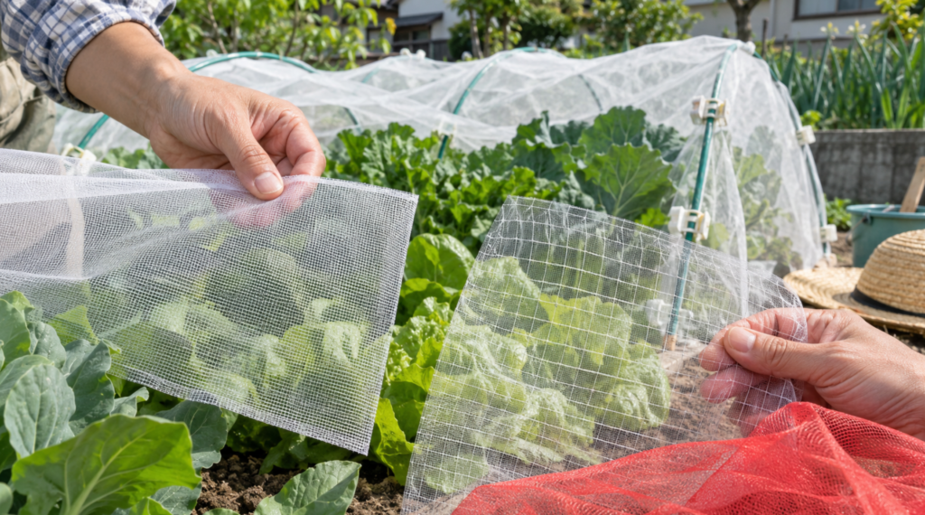 家庭菜園で防虫ネットの細かい目合いと粗い目合いを比較する様子