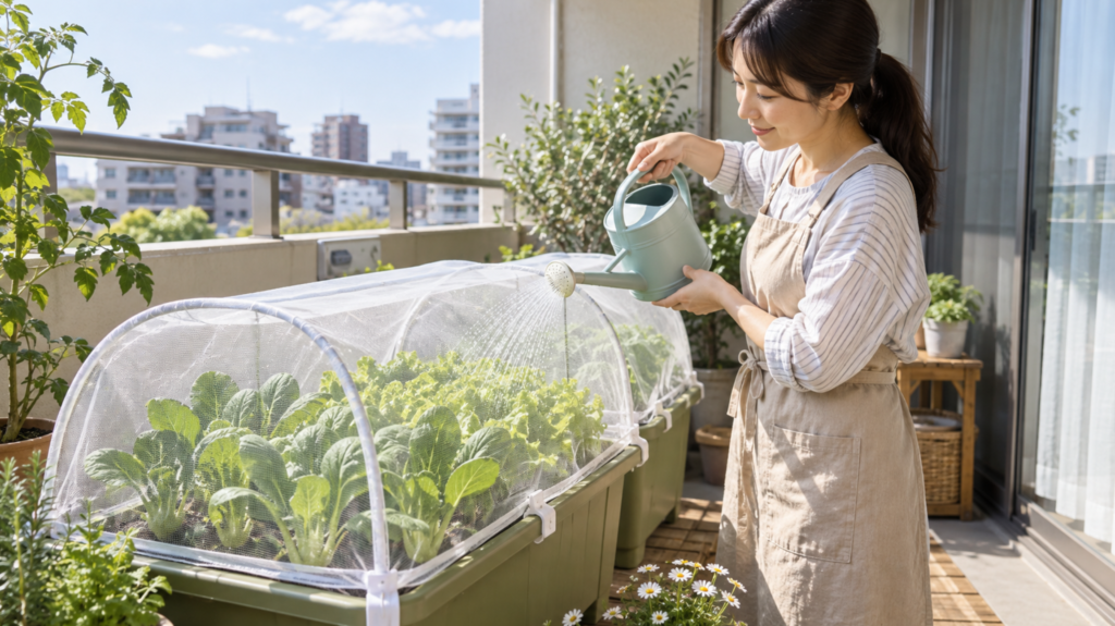 ベランダ菜園のプランターで防虫ネット越しに葉物野菜へ水やりする様子