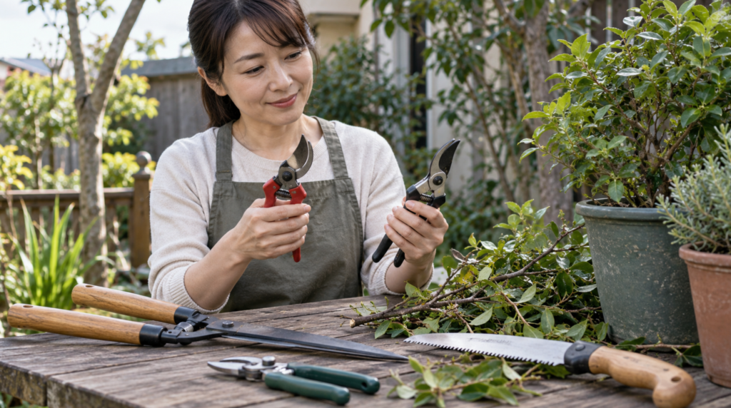 庭で剪定ばさみの形や握りやすさを比較する日本人女性