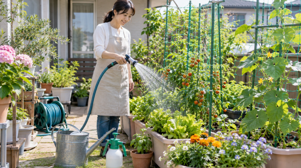 ホースやじょうろ、支柱を使って家庭菜園を手入れする日本人女性