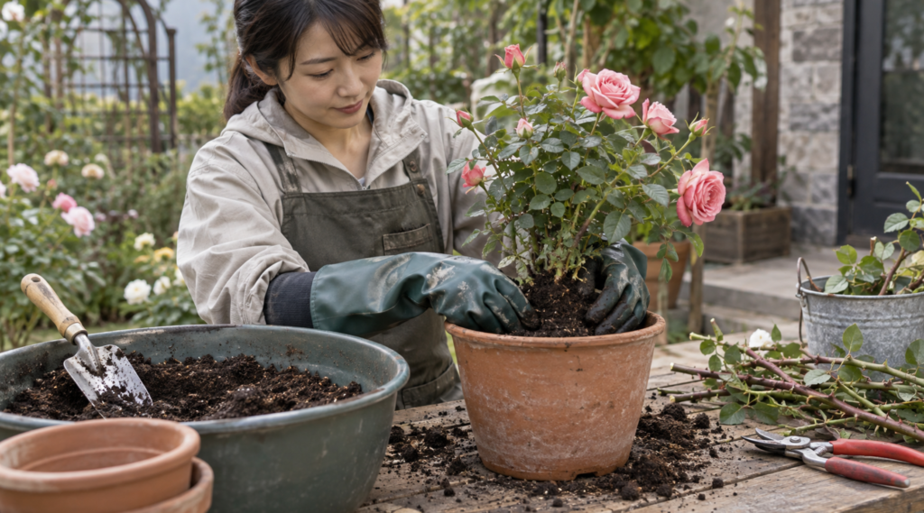 防水園芸手袋を着用して鉢植えのバラを植え替える女性
