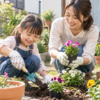 子供用園芸手袋を着けて母親と花を植える日本人の女の子