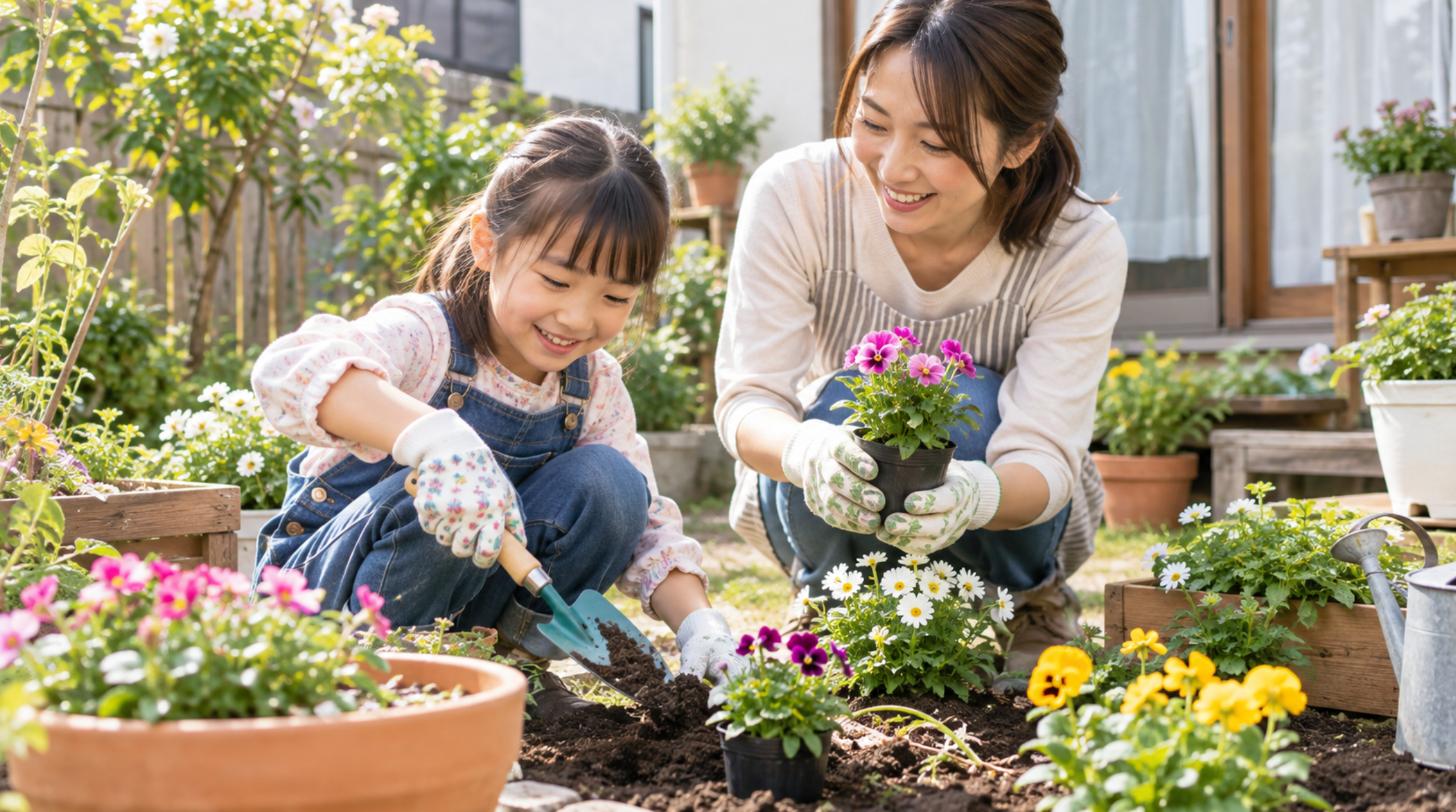 子供用園芸手袋を着けて母親と花を植える日本人の女の子