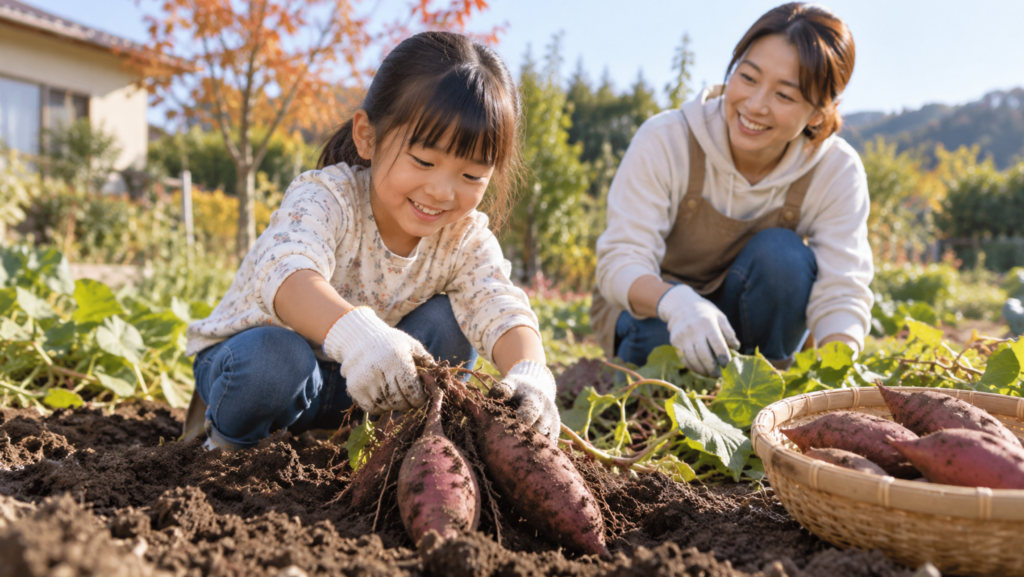 子供用軍手を着けて母親とさつまいもを収穫する日本人の女の子