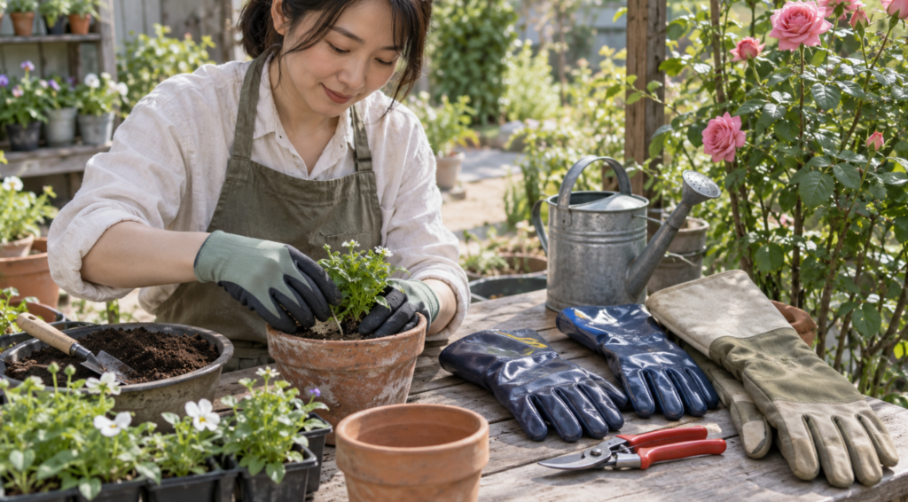 園芸用手袋を着けて鉢植え作業をする日本人女性と用途別の手袋