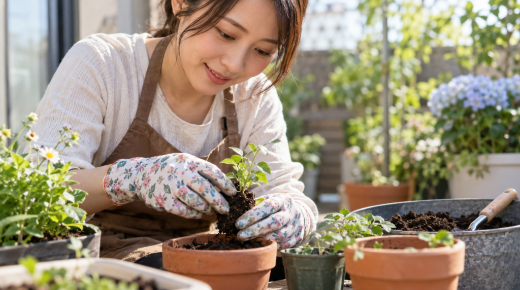 花柄の女性向け園芸用手袋を着けて苗を植え替える日本人女性