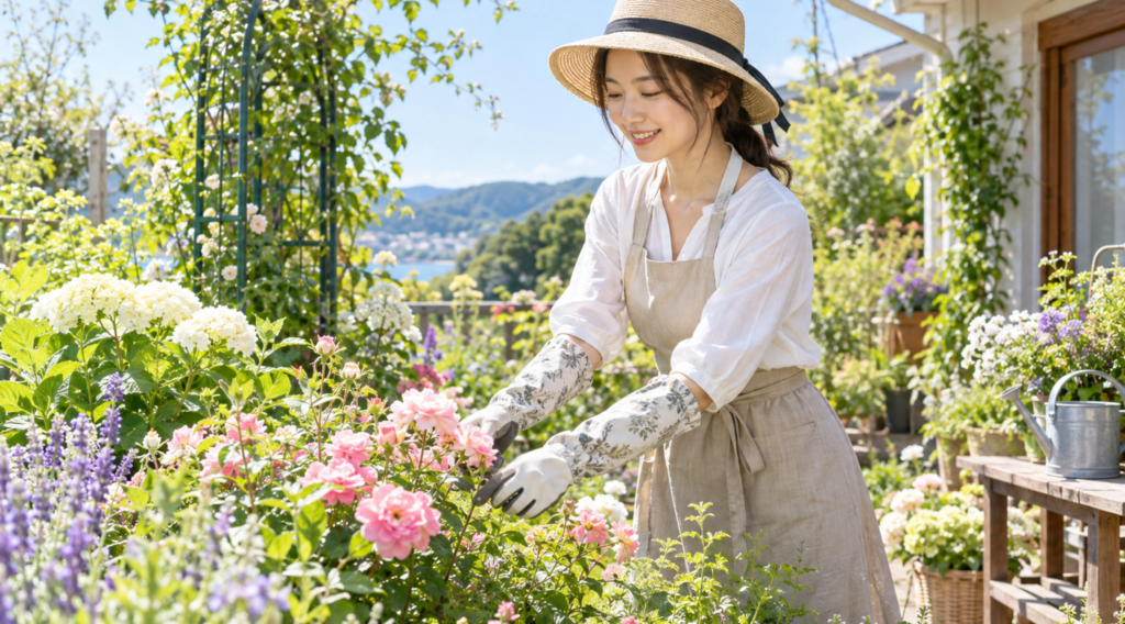 夏の庭でUV対策を意識したロング園芸用手袋を使う日本人女性