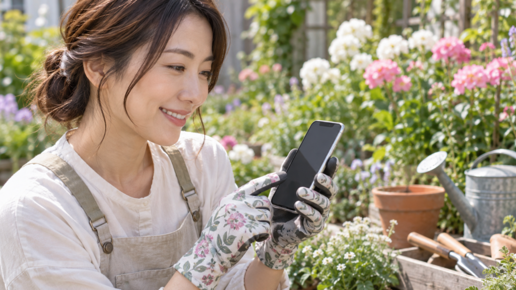 スマホ対応の園芸用手袋を着けたまま操作する日本人女性