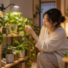 室内でクリップ式植物育成ライトを使って観葉植物を育てる様子