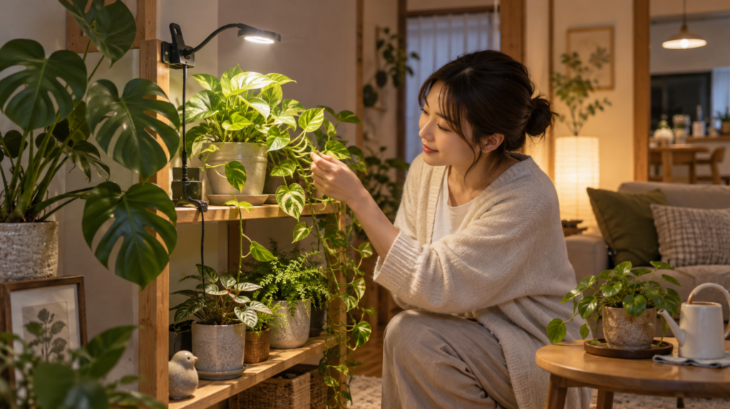 室内でクリップ式植物育成ライトを使って観葉植物を育てる様子