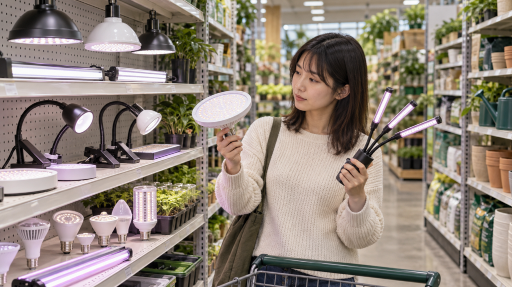 ホームセンターで植物育成ライトの種類を比較する女性
