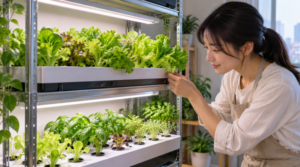 LED植物育成ライトを使った室内水耕栽培で葉物野菜を育てる様子