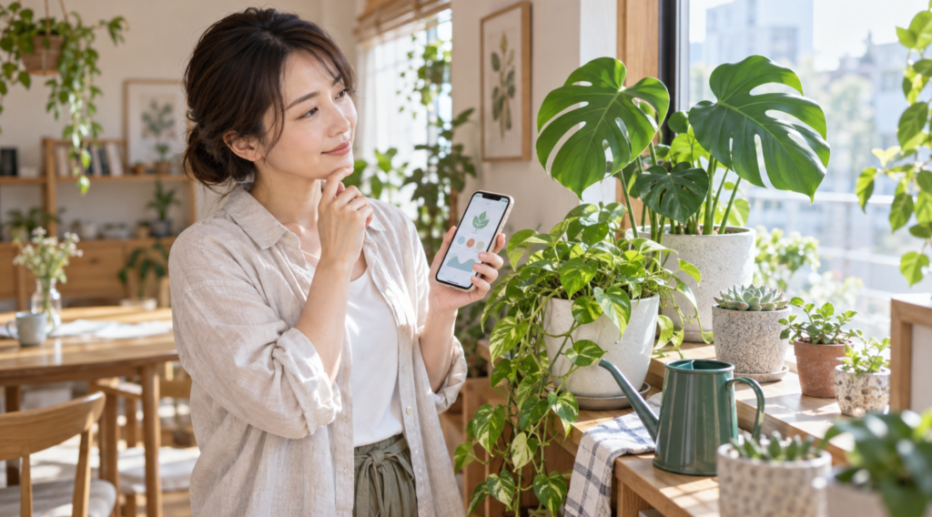 植物の育て方アプリで観葉植物の水やりを管理する女性