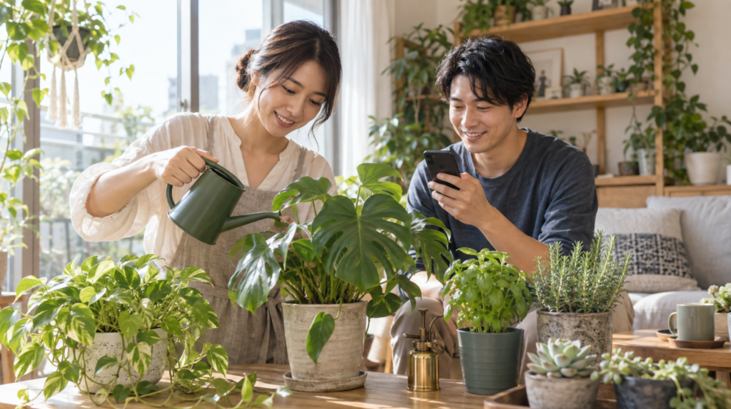 植物管理アプリで水やり記録を共有する日本人の男女