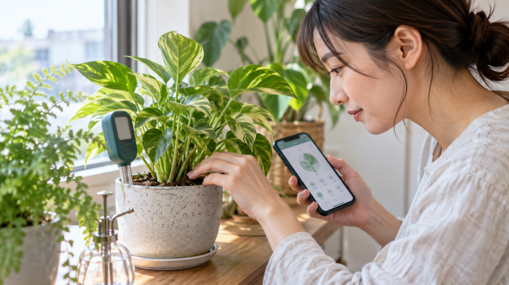 植物管理アプリと土壌水分計で観葉植物の水やり時期を確認する女性