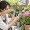 スマホの植物図鑑アプリで庭の花を写真検索する女性