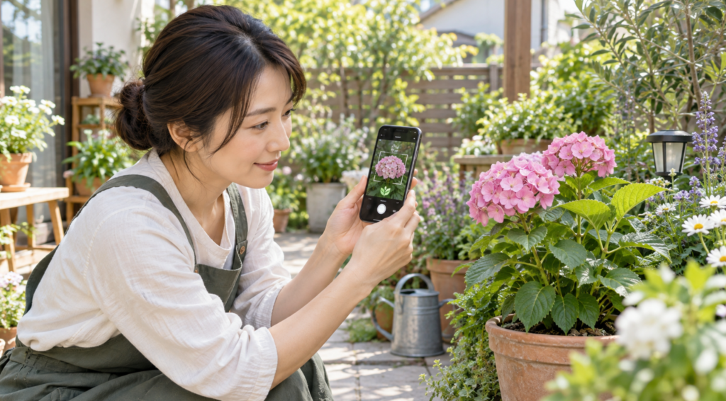 スマホの植物図鑑アプリで庭の花を写真検索する女性