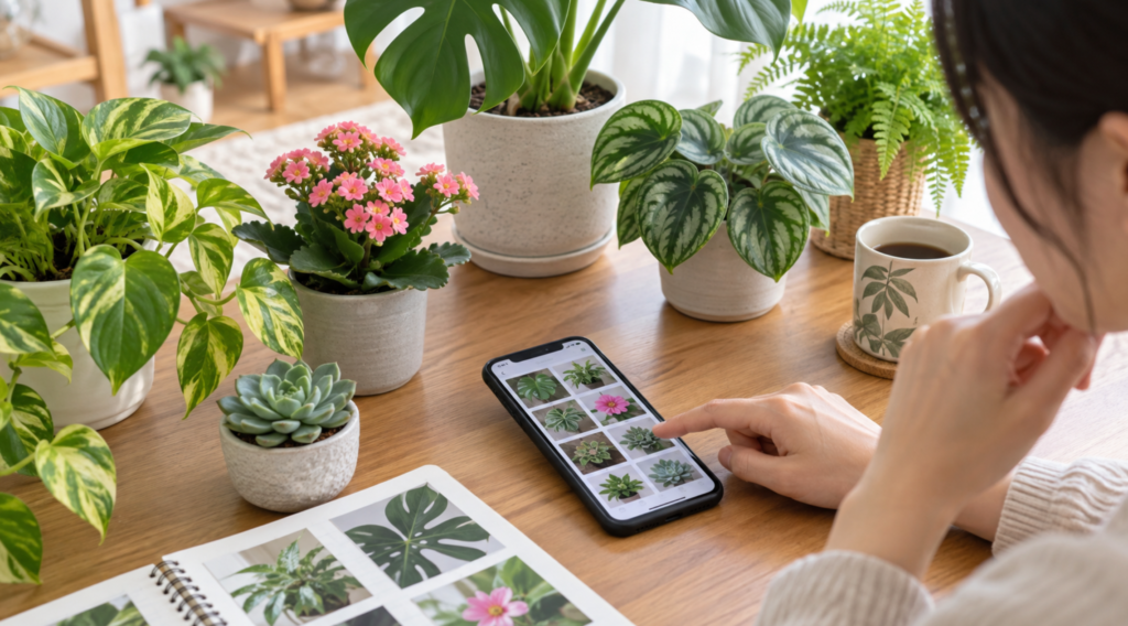 無料の植物図鑑アプリで観葉植物や花を比較する様子