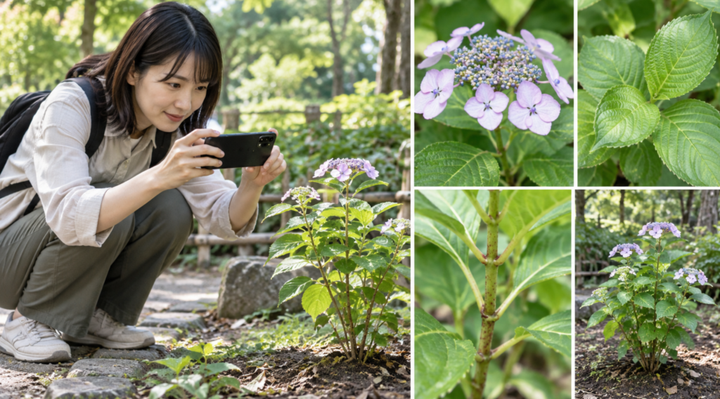 植物判定アプリ用に花や葉や茎をスマホで撮影する女性