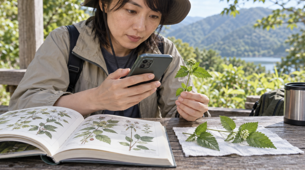 植物判定アプリの結果を植物図鑑と実物で確認する女性