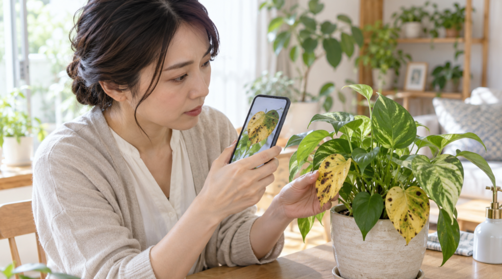 植物病気診断アプリで観葉植物の黄色い葉と斑点を写真確認する女性