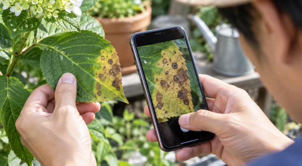 植物病気診断用に茶色い斑点のある葉をスマホで大きく撮影する様子