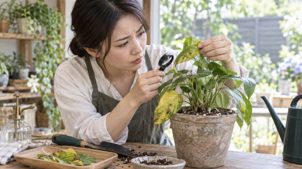 植物の病気や害虫を調べるためルーペで葉の斑点を確認する女性