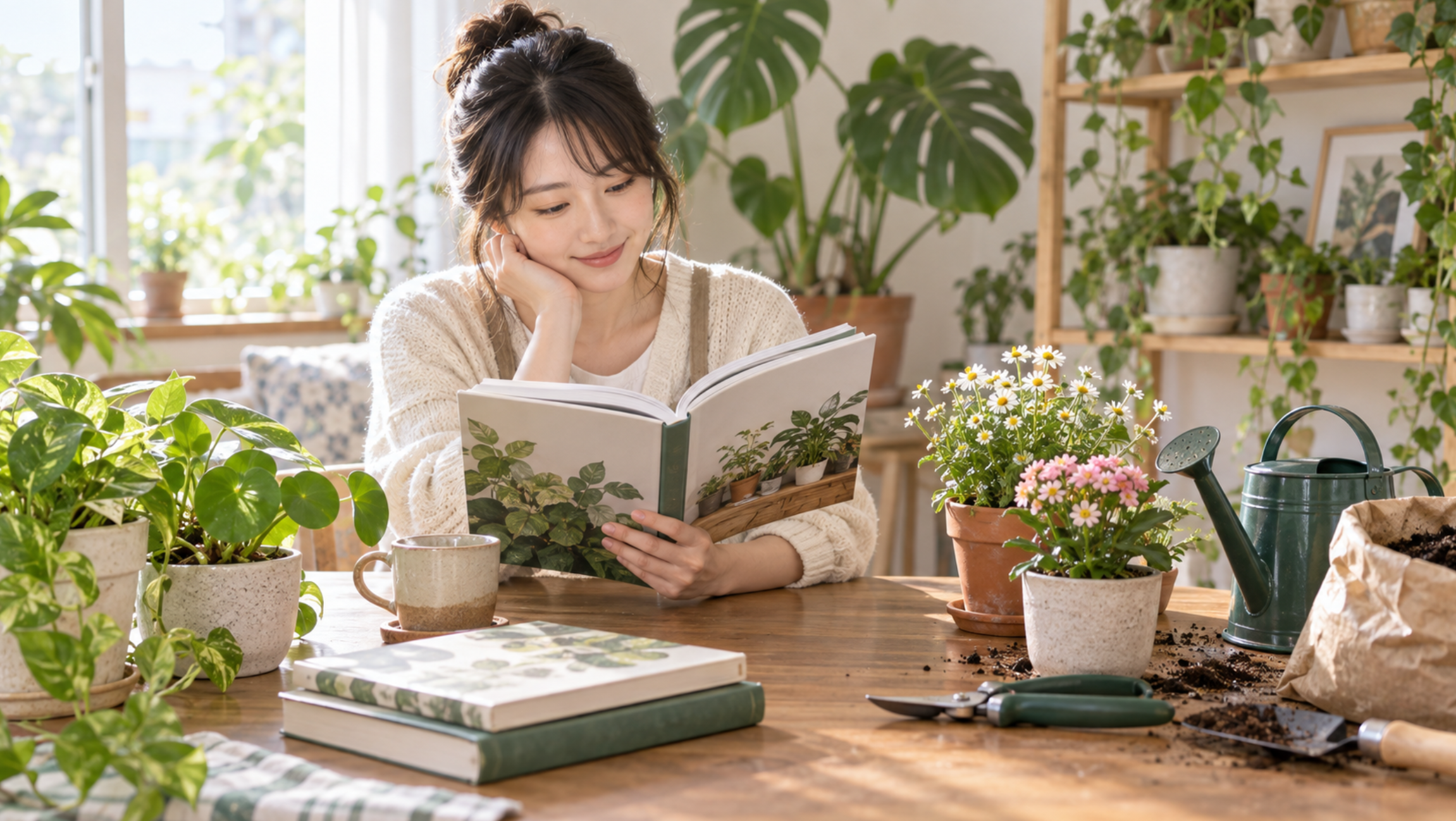 植物の育て方本を読みながら園芸を学ぶ初心者の日本人女性