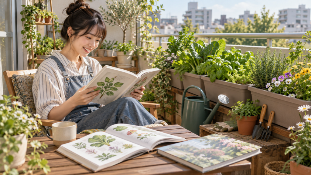 ベランダガーデニングをしながら植物の育て方本を読む日本人女性