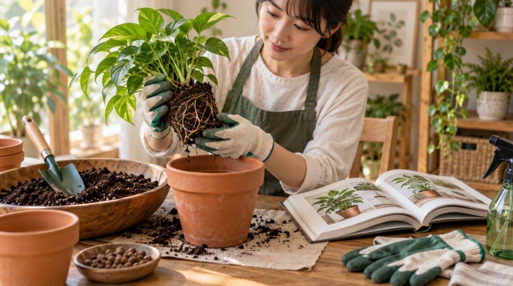 園芸本を参考に観葉植物の植え替えをする初心者の日本人女性