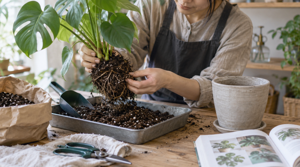 観葉植物の植え替え方法を本で確認しながら作業する様子