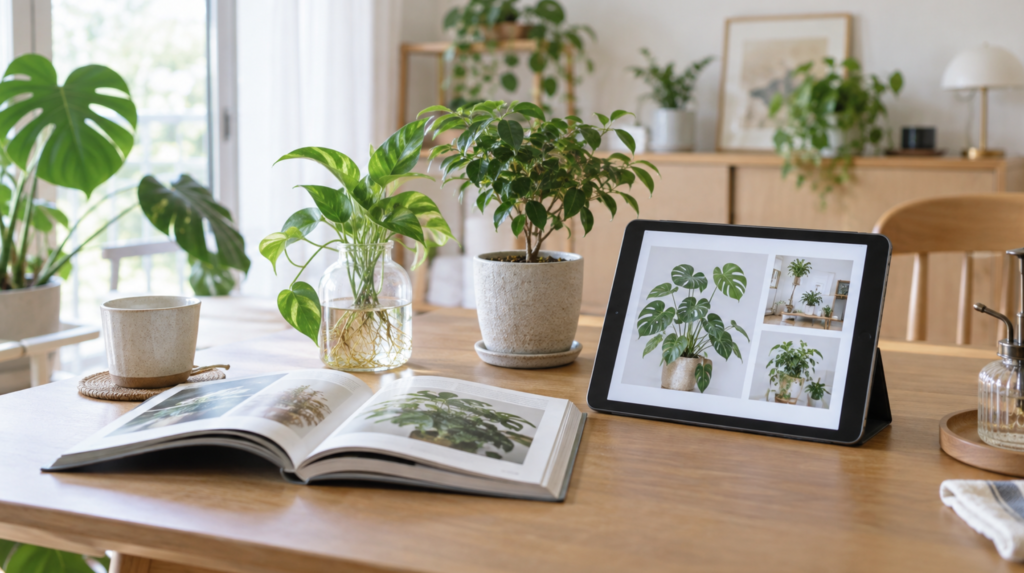 観葉植物の紙の本と電子書籍を比較する室内の様子