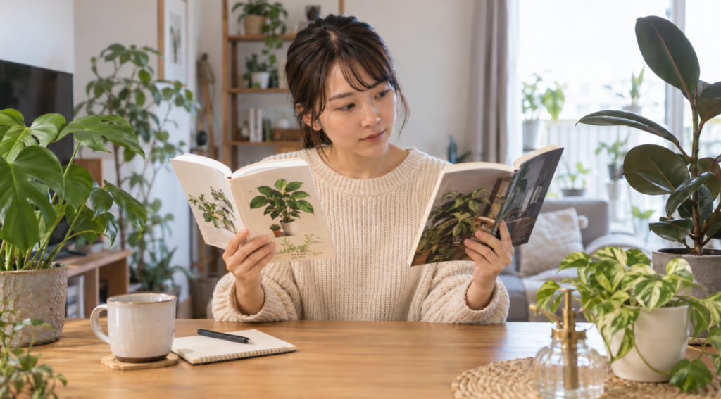 初心者向け観葉植物の育て方本を比較する女性