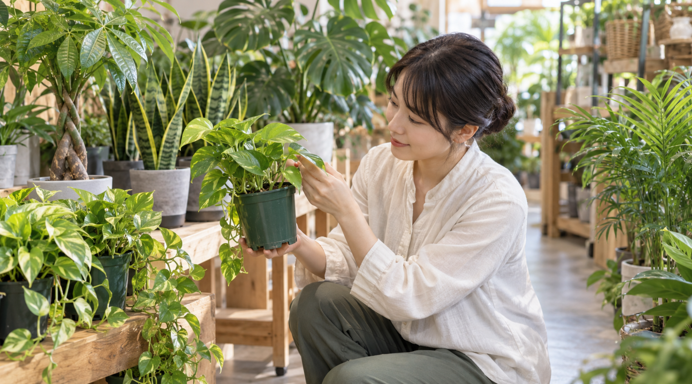 園芸店で初心者向け観葉植物の葉や株の状態を確認する女性