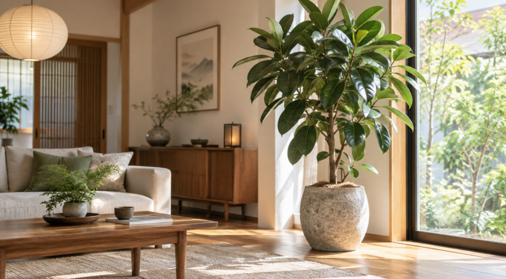 明るいリビングの窓辺に置いた育てやすい大型観葉植物