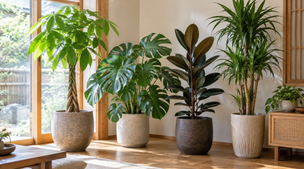 室内で育てやすいパキラやモンステラなどの大型観葉植物