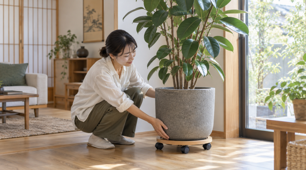 大型観葉植物をキャスター付き鉢台で移動する室内の様子