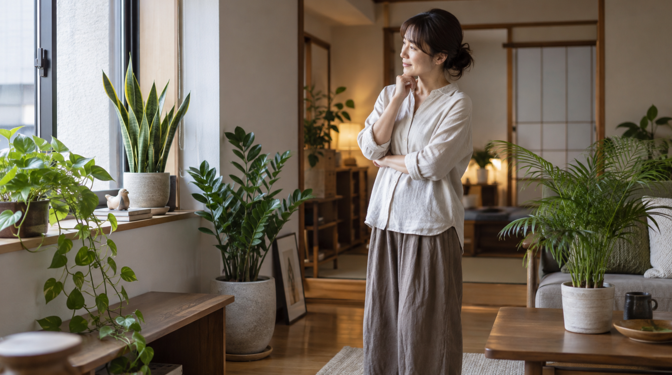 日陰に強い観葉植物を室内の明るさに合わせて配置する様子