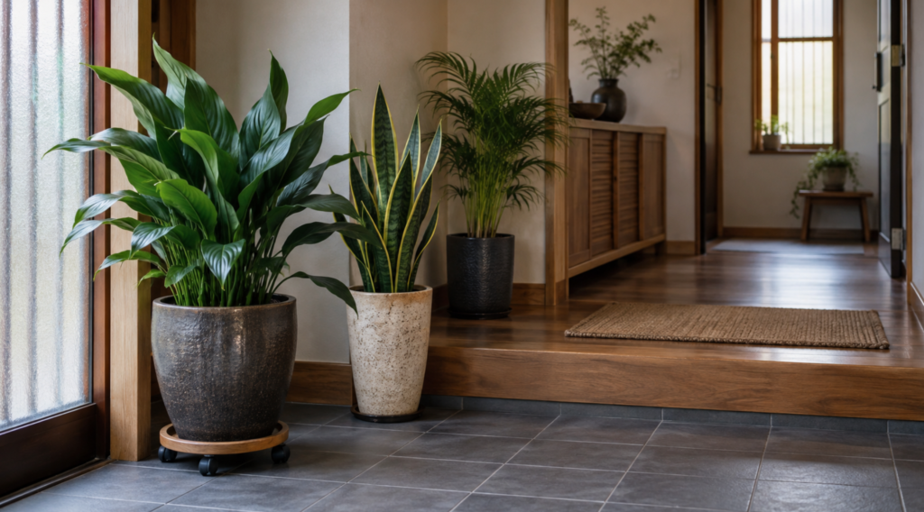 日陰の玄関に置かれたサンスベリアなどの観葉植物