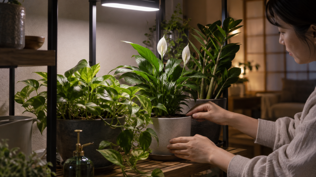 窓なし室内で植物育成ライトを使って観葉植物を育てる様子