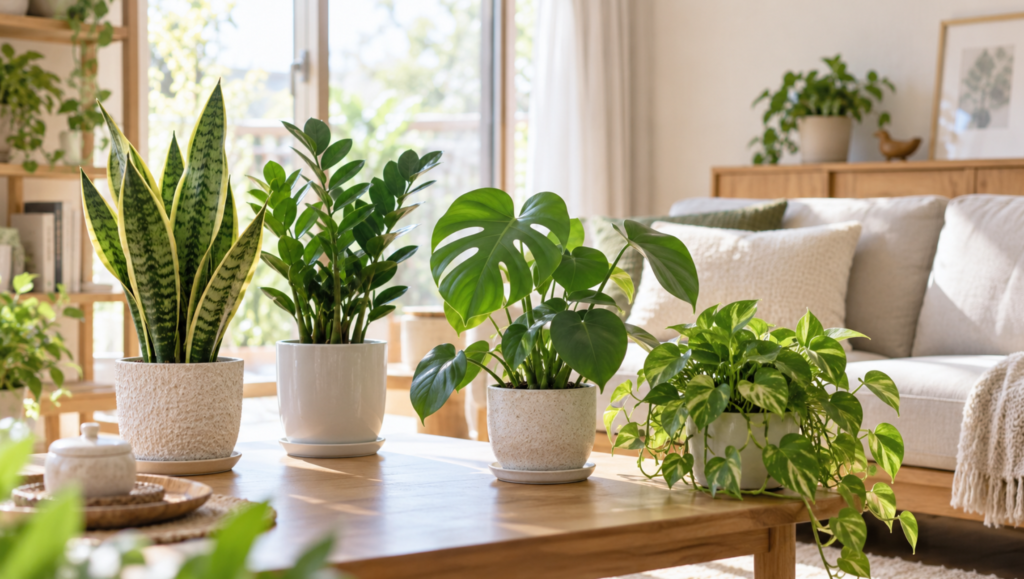 虫がわきにくい観葉植物を明るい室内に配置したリビング