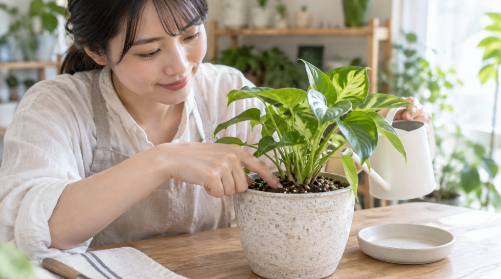 観葉植物の土の乾きを指で確認してから水やりする様子