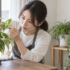 購入した観葉植物の葉裏を確認して害虫をチェックする様子