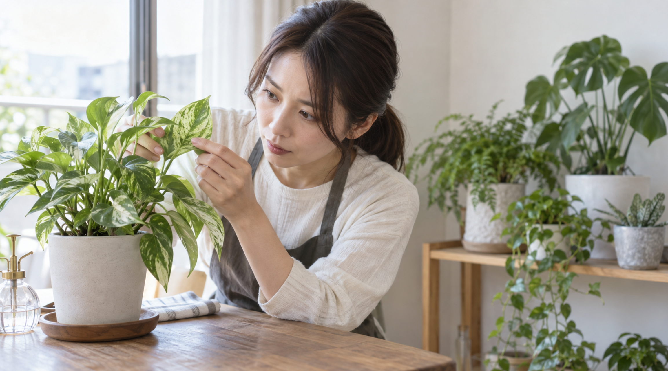 購入した観葉植物の葉裏を確認して害虫をチェックする様子