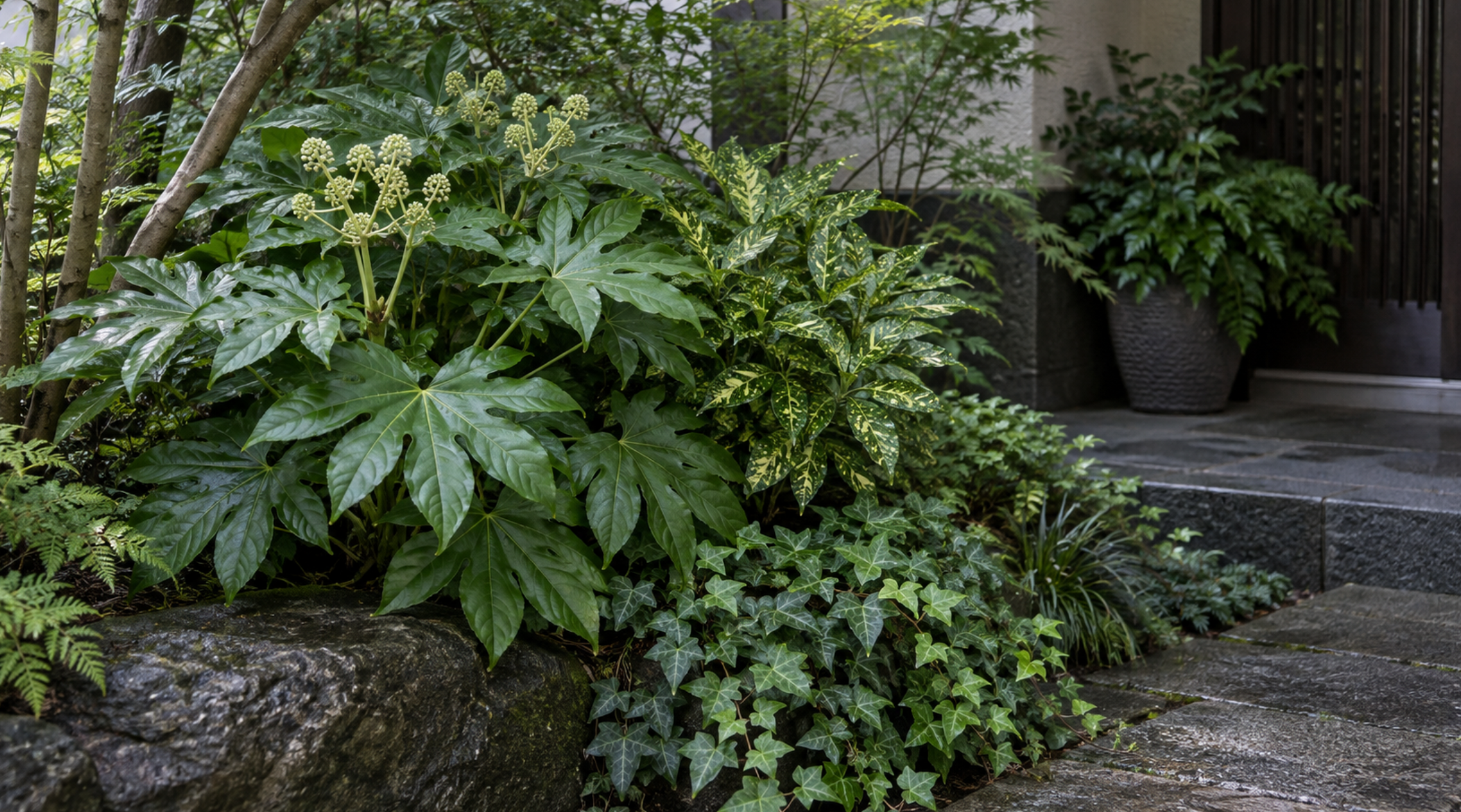 半日陰の玄関に植えられたヤツデとアオキやヘデラ