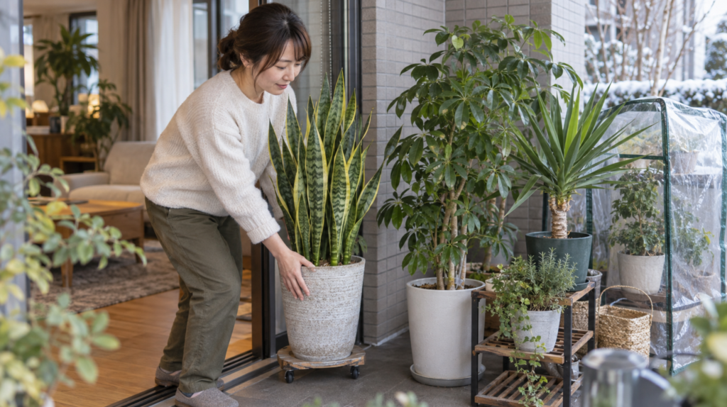 冬を前にサンスベリアなどの観葉植物を室内へ移動する様子