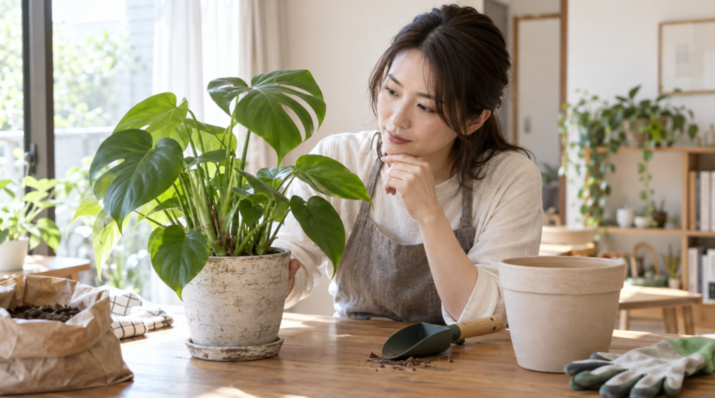 観葉植物の状態を確認して植え替え時期を判断する様子