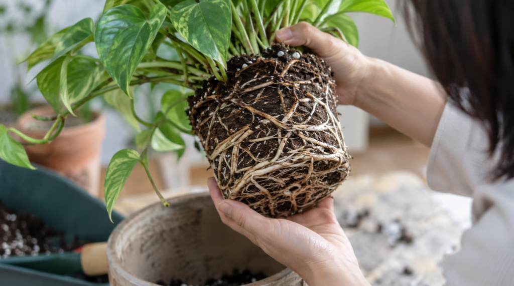 鉢から抜いた観葉植物の根詰まりした根鉢を確認する様子
