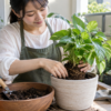 観葉植物を一回り大きな鉢へ植え替えて培養土を入れる様子