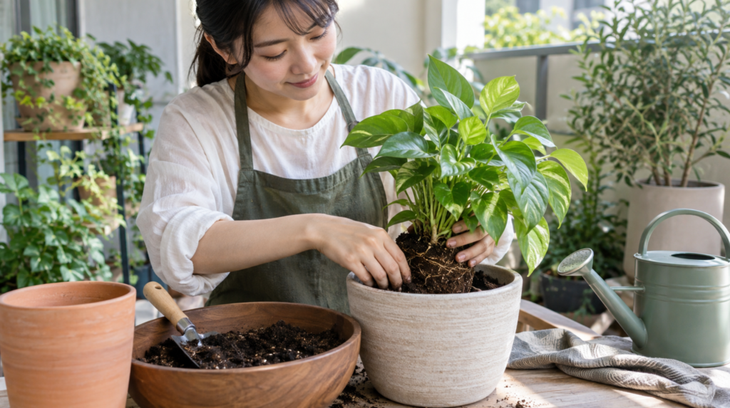 観葉植物を一回り大きな鉢へ植え替えて培養土を入れる様子